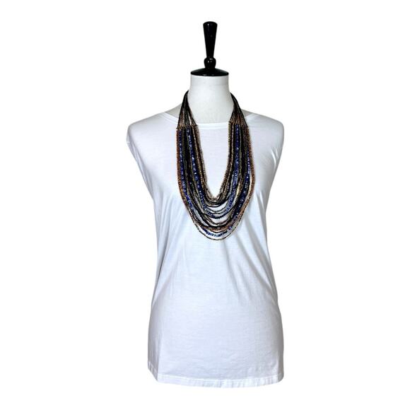 Chico’s Women’s Necklace Seed Bead Multi Strand Blue Navy Gold Tan 18” Length - Picture 3 of 10